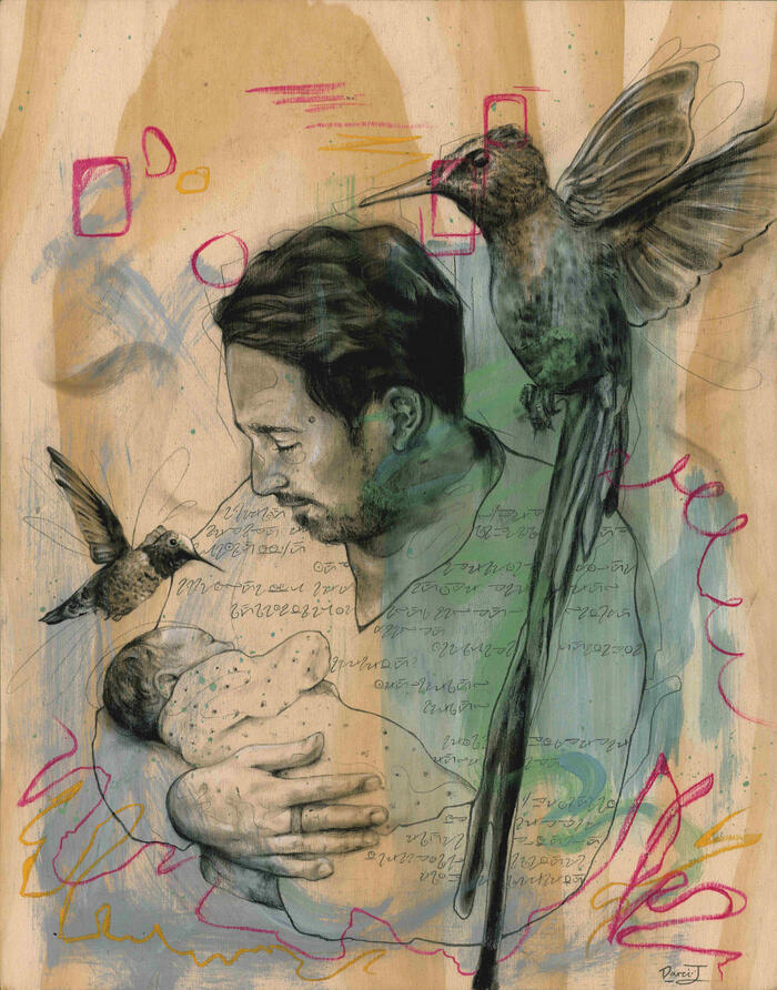 &#39;Father&#39; (2024), Charcoal &amp; acrylic wash on wood panel.