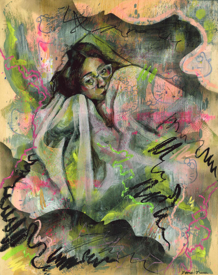 &#39;A Retreat to Youth - Draft&#39; (2024), Mixed media on wood panel.