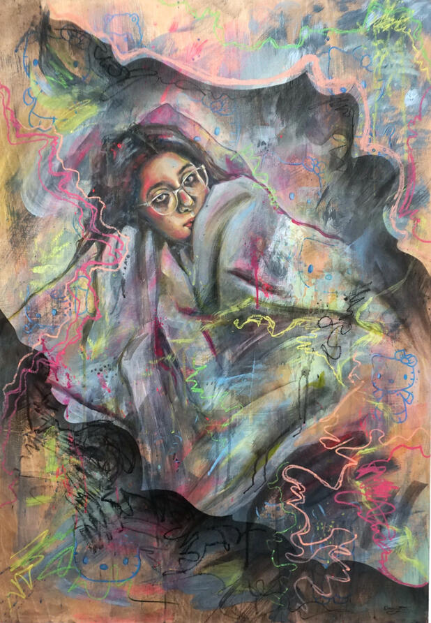 &#39;A Retreat to Youth&#39; (2025), Mixed media on wood panel.