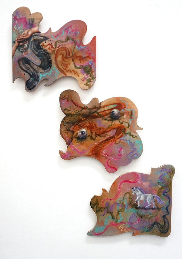 'Pieces of Me' (2025), Mixed media triptych on wood panels.